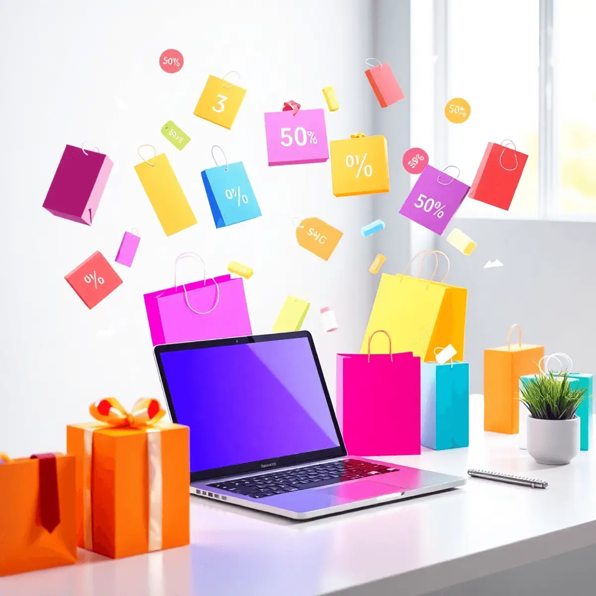 A sleek laptop on a modern desk surrounded by colorful shopping bags, gift boxes, and discount tags with glowing symbols of savings and deals.